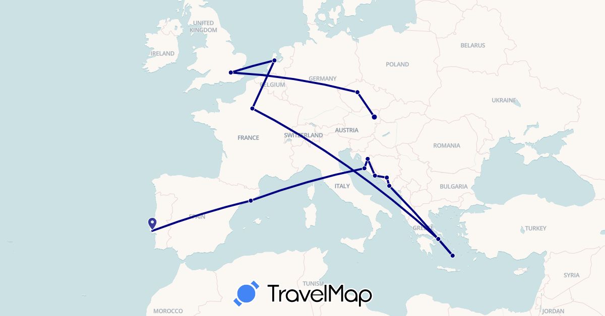 TravelMap itinerary: driving in Austria, Bosnia and Herzegovina, Czech Republic, Spain, France, United Kingdom, Greece, Croatia, Netherlands, Portugal (Europe)